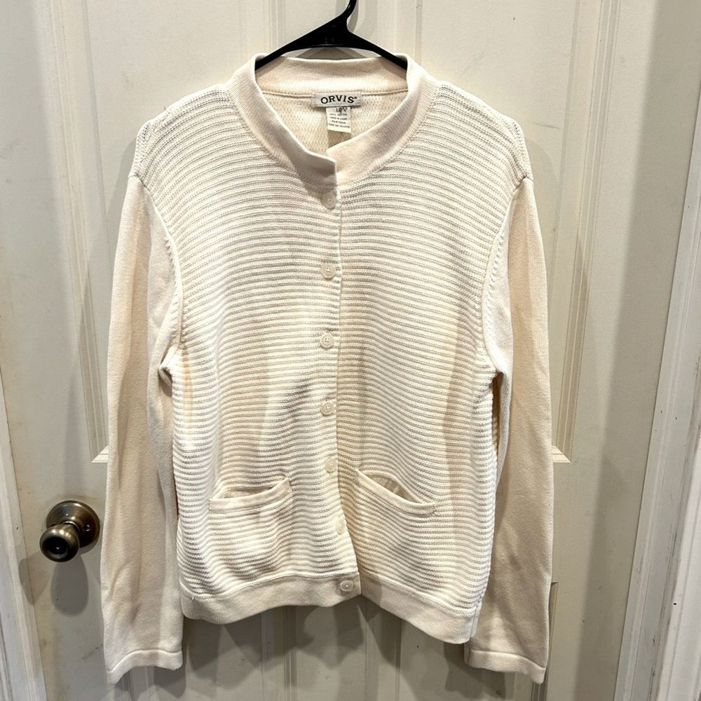 Orvis‎ Womens Cream Ribbed 100% Cotton Button Front Cardigan Sweater Gorpcore L